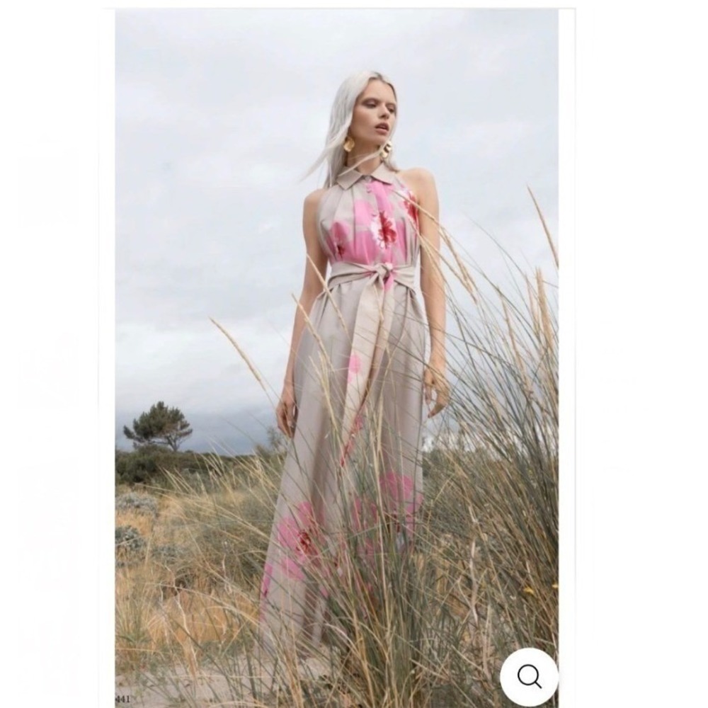 NWT Milva Mi Taupe Pink Floral Halter Belted Dress Italian‎ Cotton Small